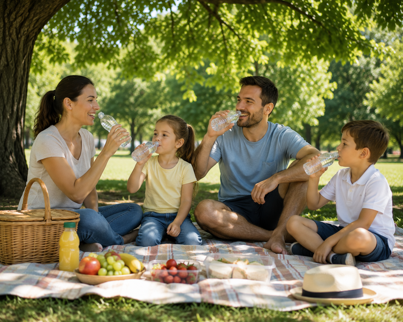 o familie la picnic în parc, hidratare, vara