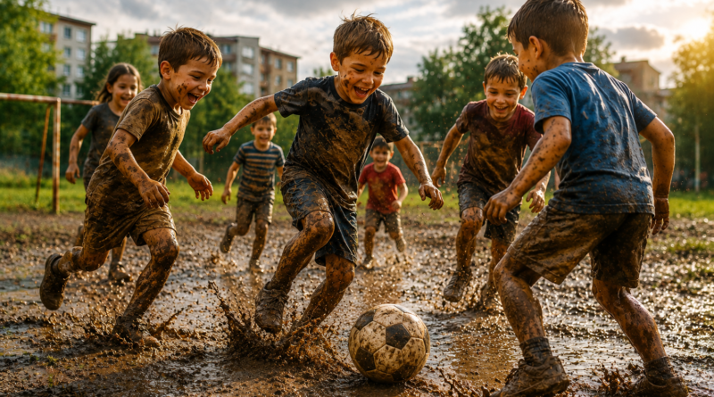 copii jucând fotbal în noroi