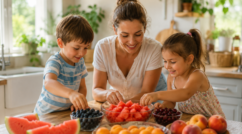 familie copii fructe vara