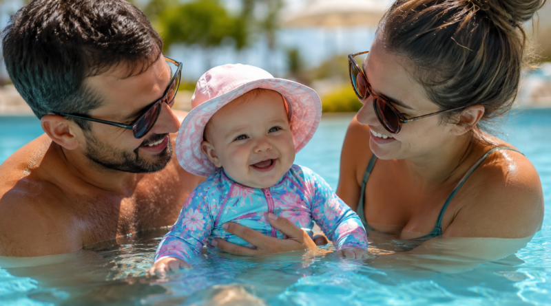 familie fericită în piscină vara bebeluș